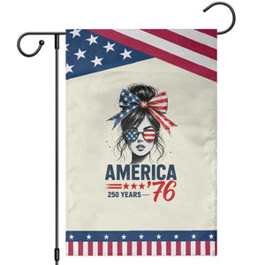 America 250 Years Patriotic Garden Flag 250th Anniversary USA Girl Messy Bun 1776 2026