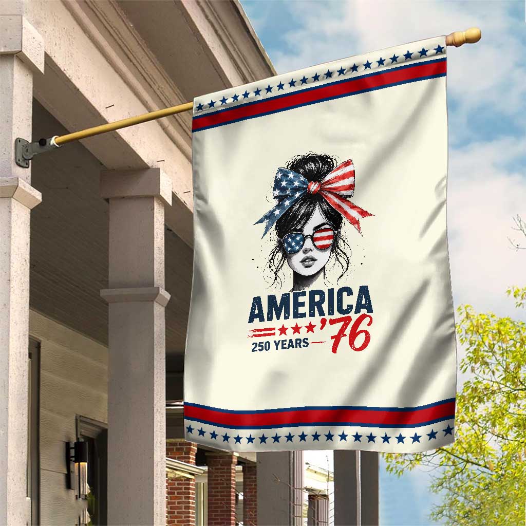 America 250 Years Patriotic Garden Flag 250th Anniversary USA Girl Messy Bun 1776 2026