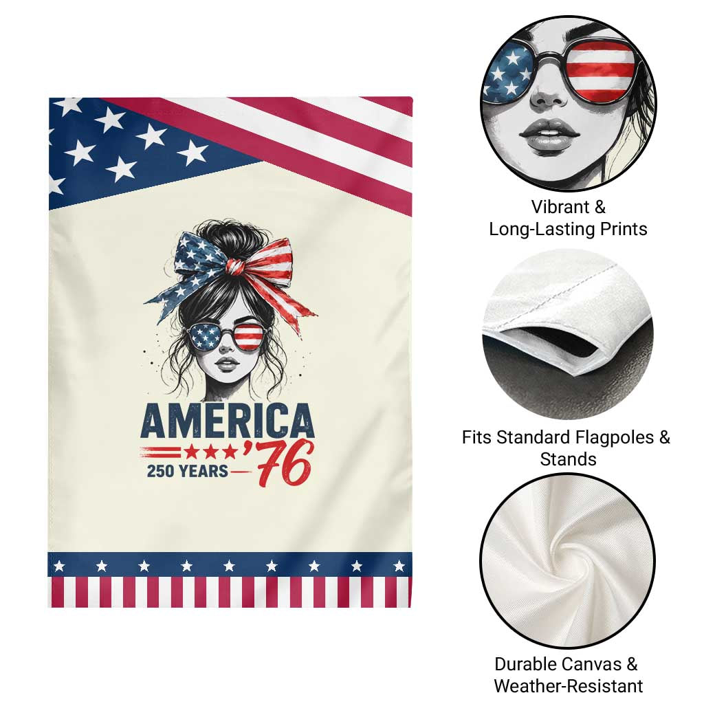 America 250 Years Patriotic Garden Flag 250th Anniversary USA Girl Messy Bun 1776 2026