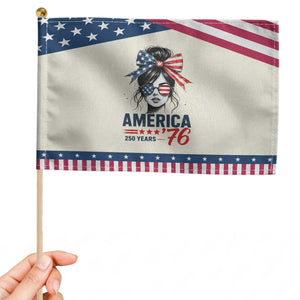 America 250 Years Patriotic Handheld Flag 250th Anniversary USA Girl Messy Bun 1776 2026
