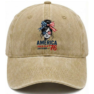 America 250 Years Washed Cotton Baseball Cap 250th Anniversary USA Patriotic Girl Messy Bun 1776 2026