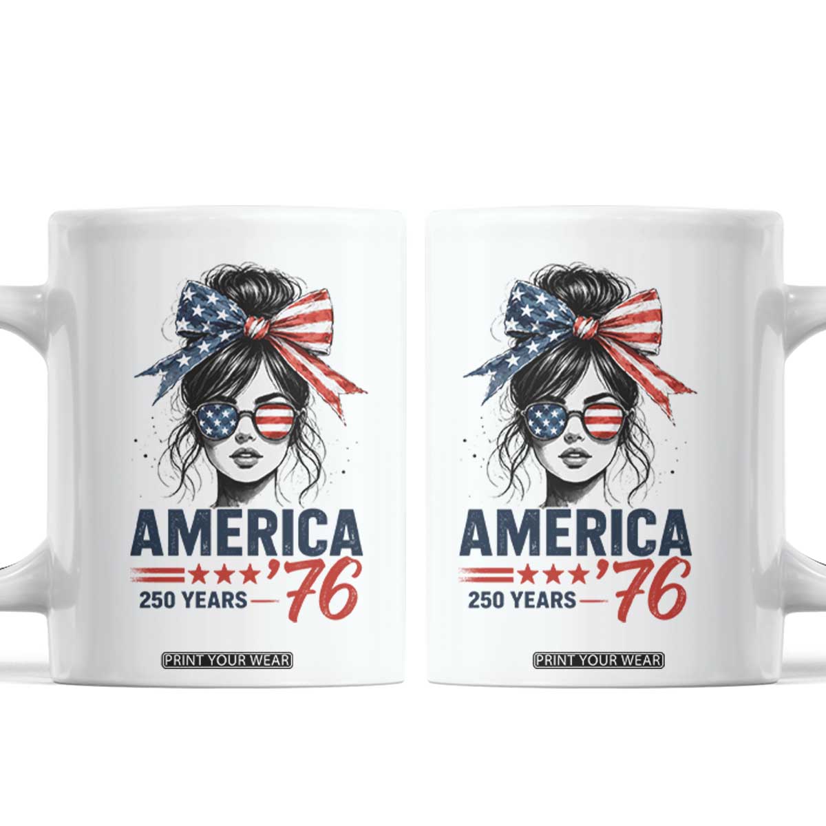 America 250 Years Coffee Mug 250th Anniversary USA Patriotic Girl Messy Bun 1776 2026