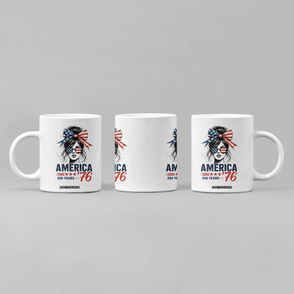 America 250 Years Coffee Mug 250th Anniversary USA Patriotic Girl Messy Bun 1776 2026