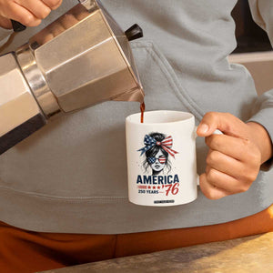 America 250 Years Coffee Mug 250th Anniversary USA Patriotic Girl Messy Bun 1776 2026