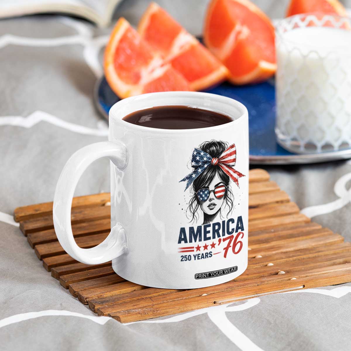 America 250 Years Coffee Mug 250th Anniversary USA Patriotic Girl Messy Bun 1776 2026