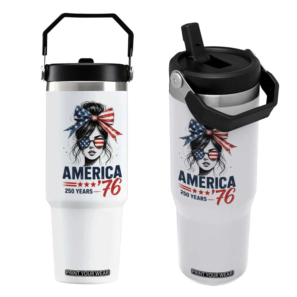 America 250 Years Flip Straw Tumbler 250th Anniversary USA Patriotic Girl Messy Bun 1776 2026