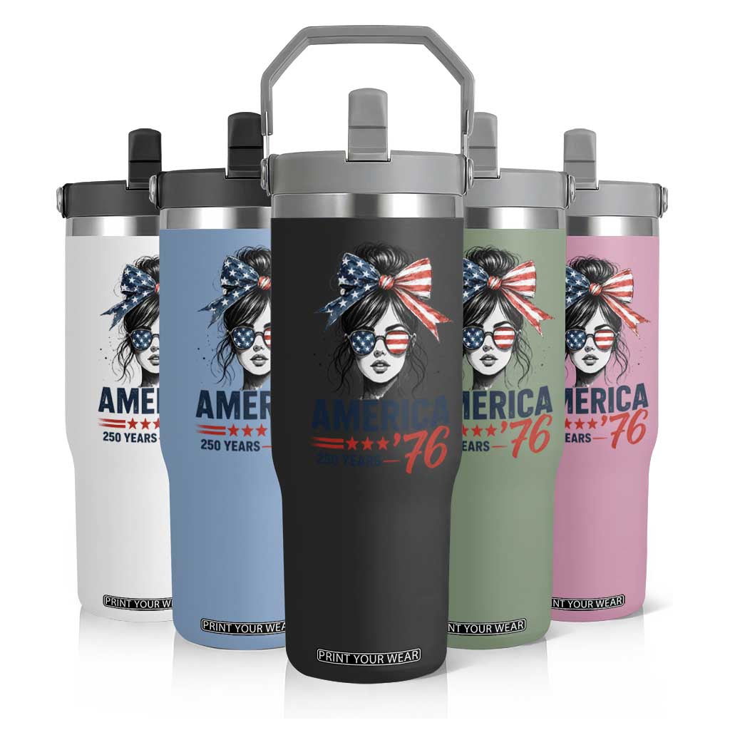 America 250 Years Flip Straw Tumbler 250th Anniversary USA Patriotic Girl Messy Bun 1776 2026