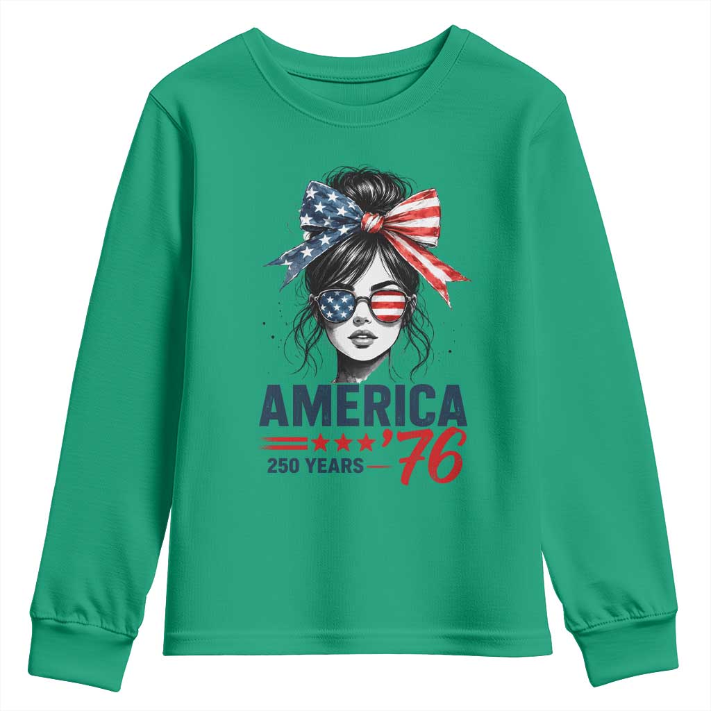 America 250 Years Youth Sweatshirt 250th Anniversary USA Patriotic Girl Messy Bun 1776 2026