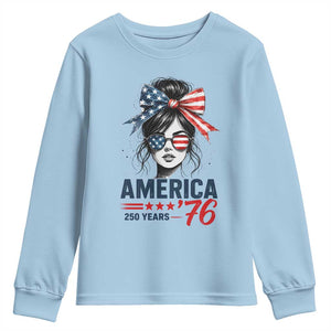 America 250 Years Youth Sweatshirt 250th Anniversary USA Patriotic Girl Messy Bun 1776 2026