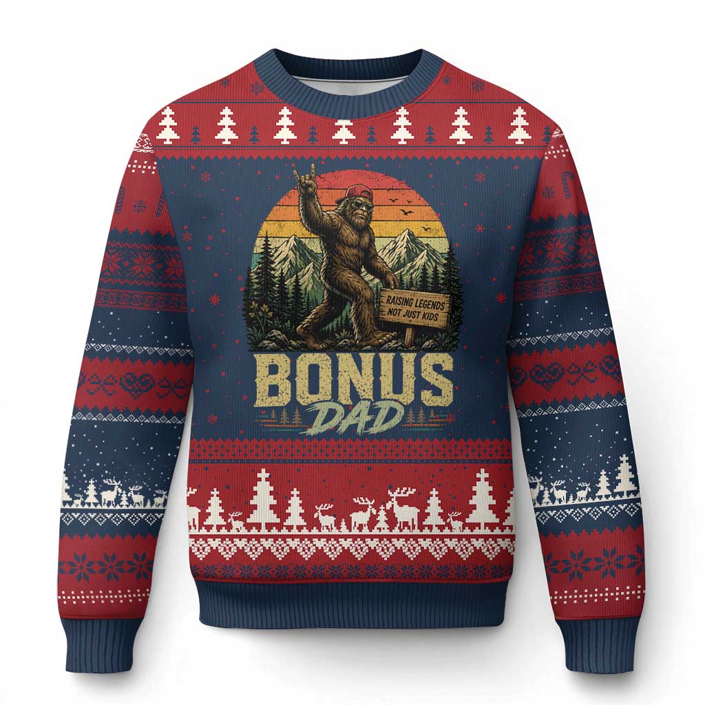 Bigfoot Bonus Dad Ugly Christmas Sweater Retro Stepdad Fathers Day Gifts TS10 Navy Red Print Your Wear