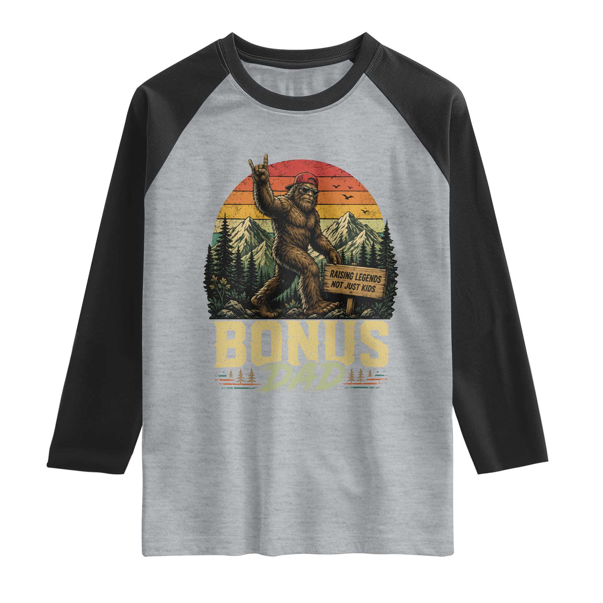 Bigfoot Bonus Dad Raglan Shirt Retro Stepdad Fathers Day Gifts TS10 Heather Gray Black Print Your Wear