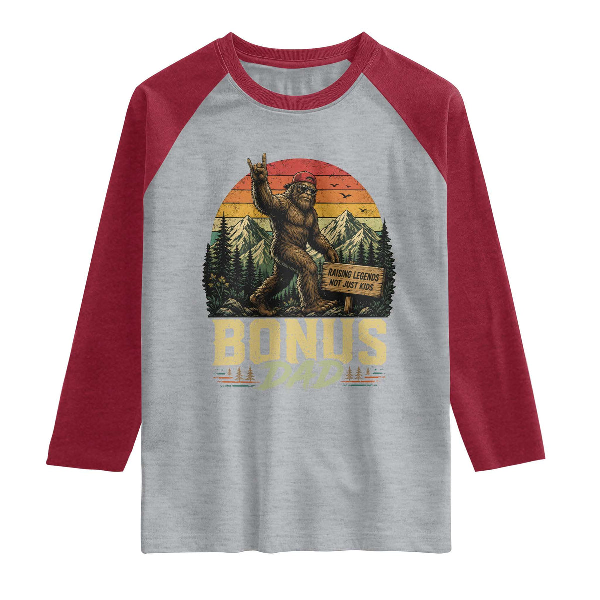 Bigfoot Bonus Dad Raglan Shirt Retro Stepdad Fathers Day Gifts TS10 Heather Gray Heather Red Print Your Wear