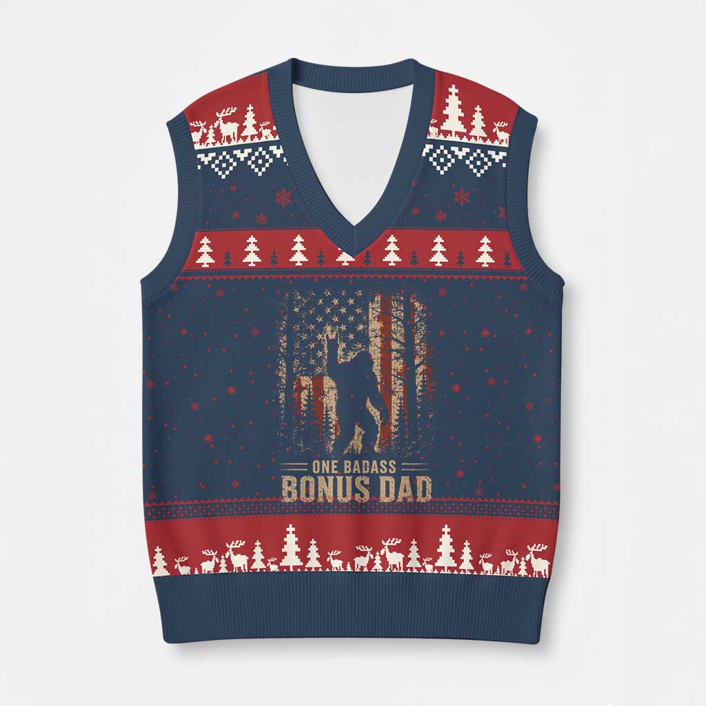 One Badass Bonus Dad V-Neck Knit Sweater Vest Vintage Bigfoot Stepdad American Flag TS10 Navy Red Print Your Wear