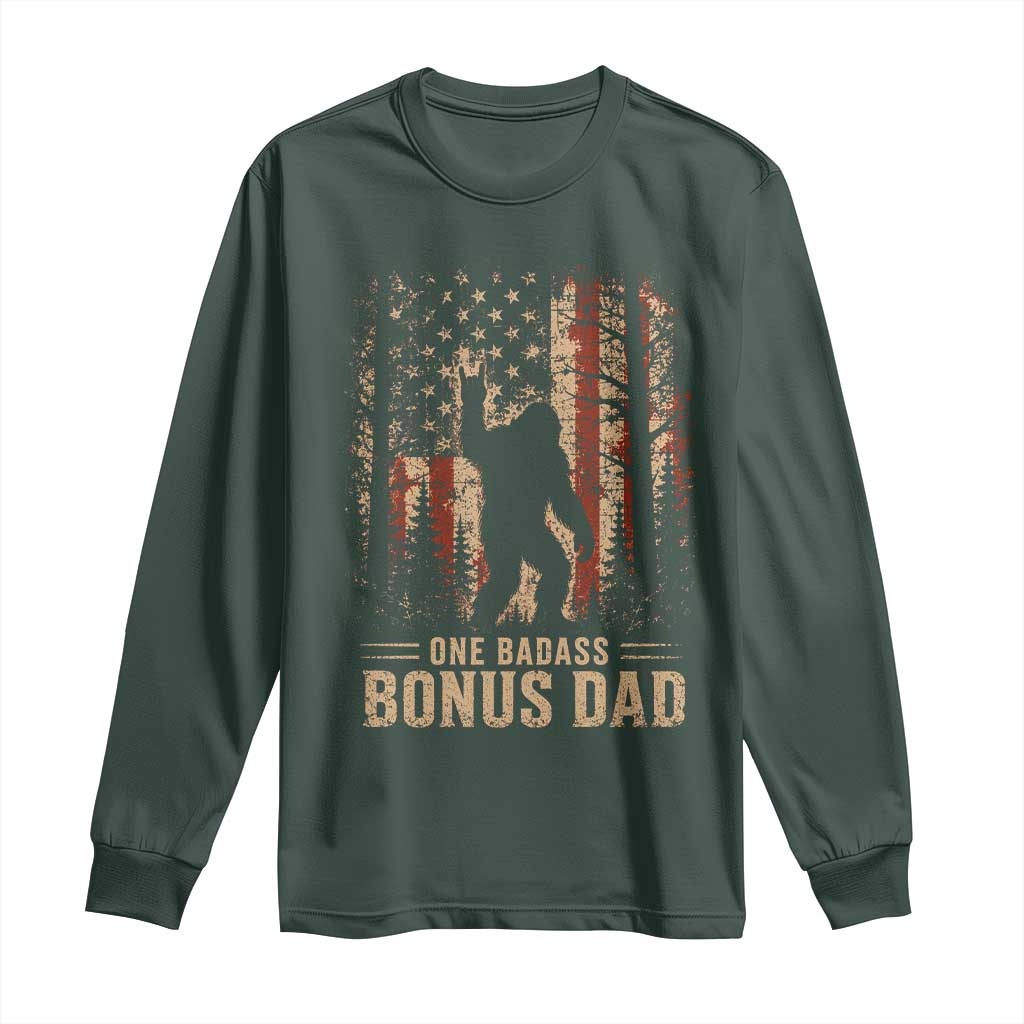 One Badass Bonus Dad Long Sleeve Shirt Vintage Bigfoot Stepdad American Flag TS10 Dark Forest Green Print Your Wear