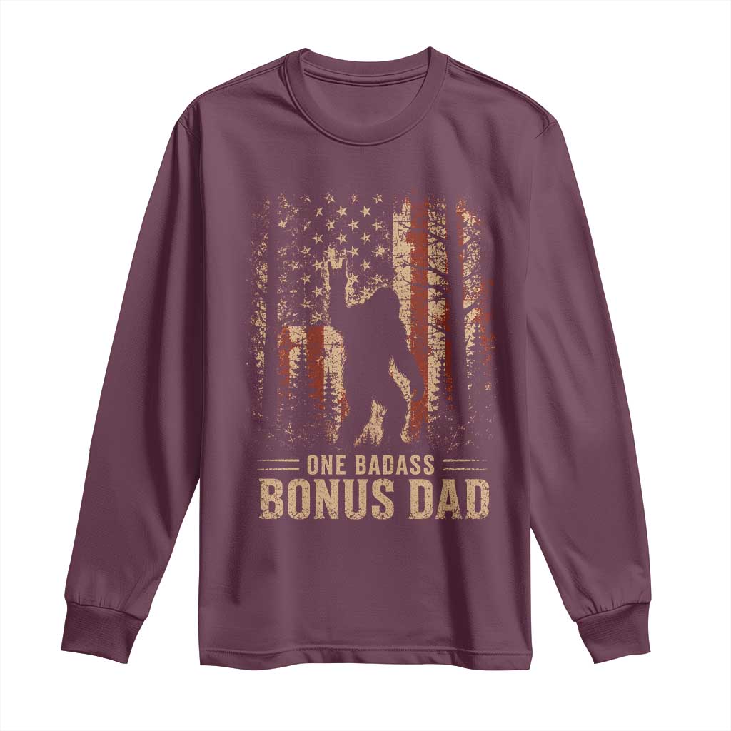 One Badass Bonus Dad Long Sleeve Shirt Vintage Bigfoot Stepdad American Flag TS10 Maroon Print Your Wear