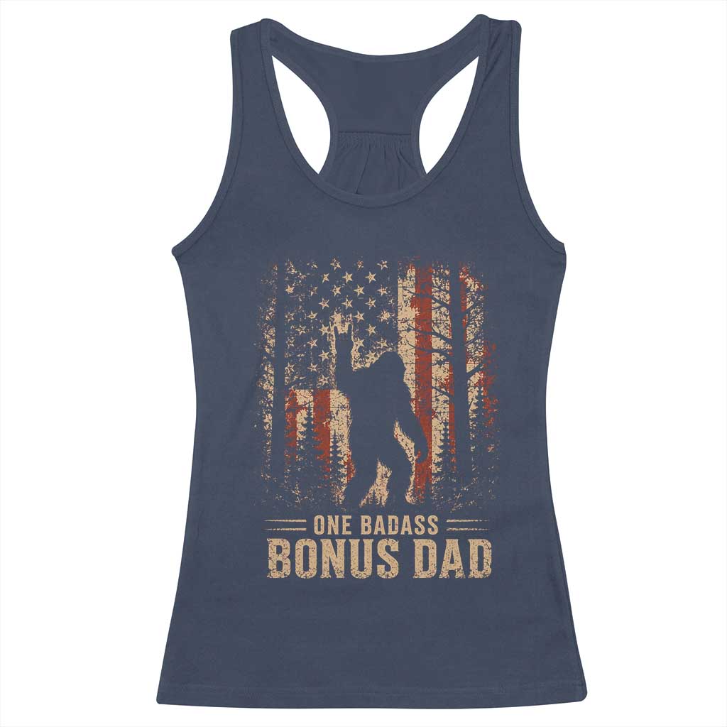 One Badass Bonus Dad Racerback Tank Top Vintage Bigfoot Stepdad American Flag TS10 Navy Print Your Wear