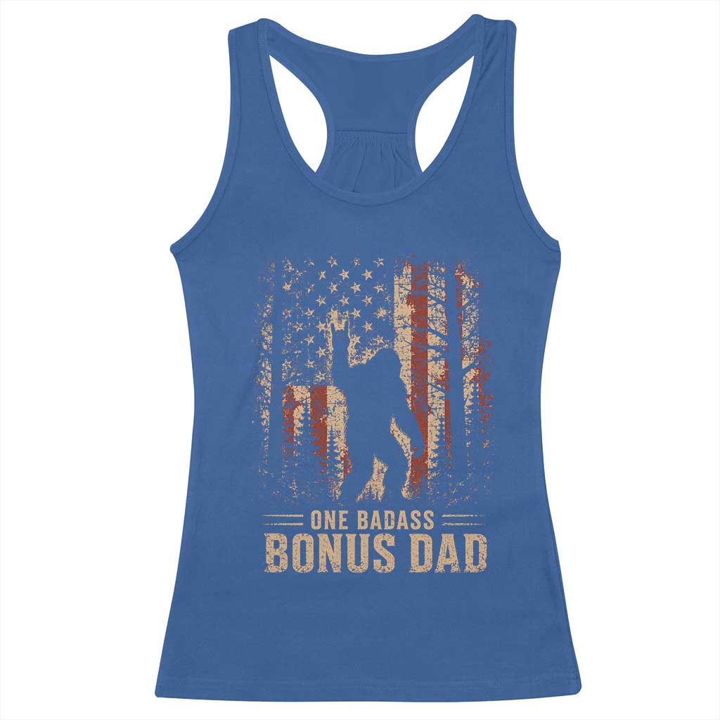 One Badass Bonus Dad Racerback Tank Top Vintage Bigfoot Stepdad American Flag TS10 Royal Blue Print Your Wear