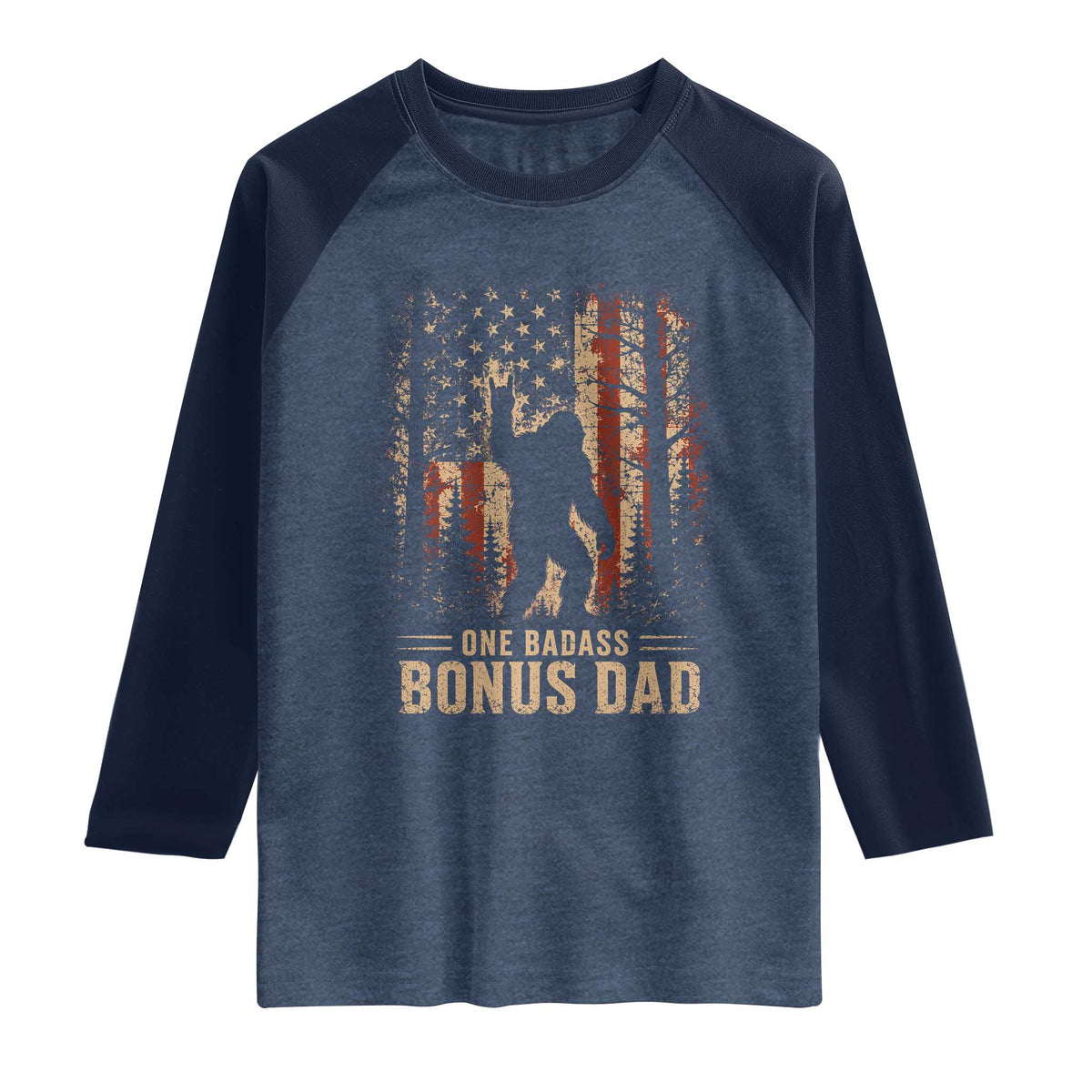 One Badass Bonus Dad Raglan Shirt Vintage Bigfoot Stepdad American Flag TS10 Heather Denim Navy Print Your Wear