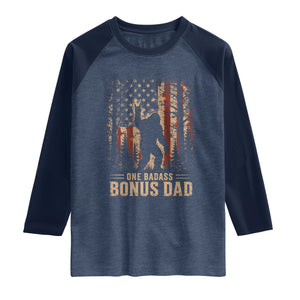 One Badass Bonus Dad Raglan Shirt Vintage Bigfoot Stepdad American Flag TS10 Heather Denim Navy Print Your Wear