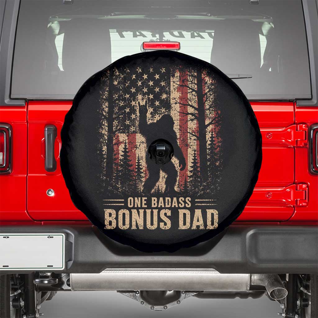 One Badass Bonus Dad Spare Tire Cover Vintage Bigfoot Stepdad American Flag TS10 Black Print Your Wear