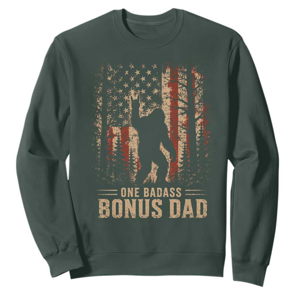 One Badass Bonus Dad Sweatshirt Vintage Bigfoot Stepdad American Flag TS10 Dark Forest Green Print Your Wear