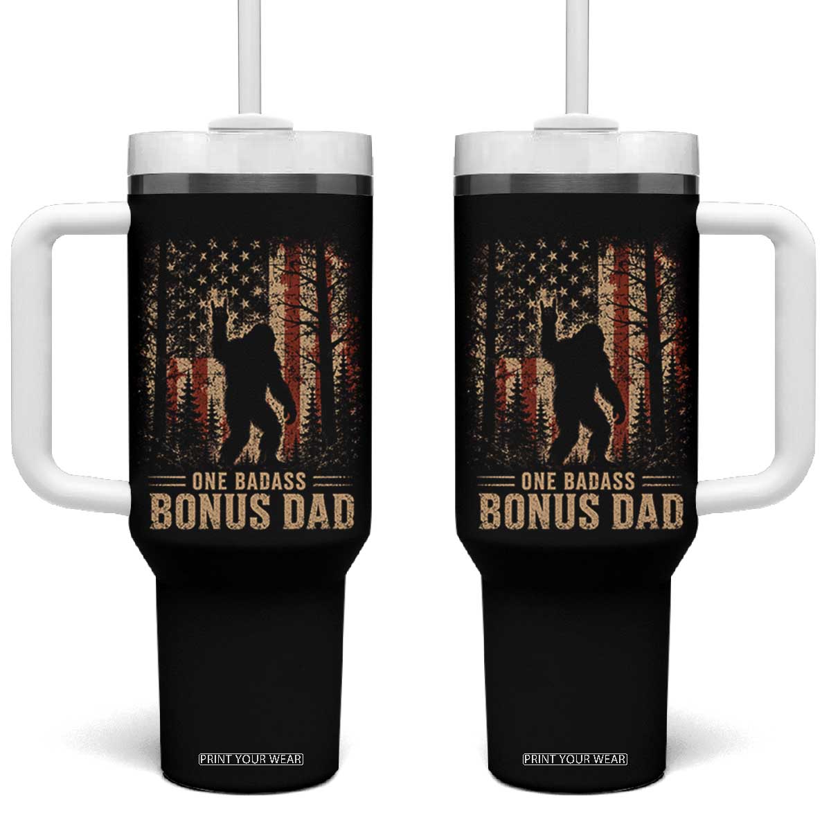 One Badass Bonus Dad Tumbler With Handle Vintage Bigfoot Stepdad American Flag TS10 One Size: 40 oz Black Print Your Wear