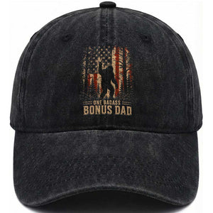 One Badass Bonus Dad Washed Cotton Baseball Cap Vintage Bigfoot Stepdad American Flag TS10 Print Your Wear