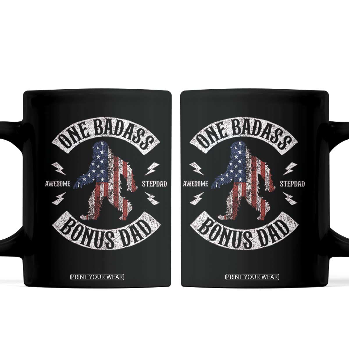 One Badass Bonus Dad Coffee Mug Vintage Bigfoot Stepdad Birthday Step Dad US Flag