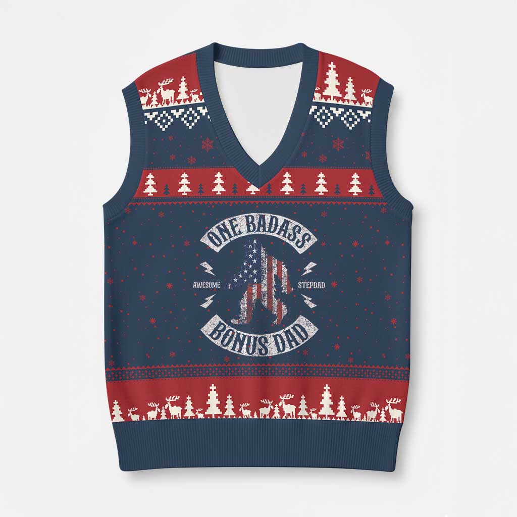 One Badass Bonus Dad V-Neck Knit Sweater Vest Vintage Bigfoot Stepdad Birthday Step Dad US Flag TS10 Navy Red Print Your Wear
