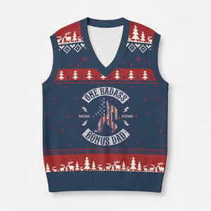 One Badass Bonus Dad V-Neck Knit Sweater Vest Vintage Bigfoot Stepdad Birthday Step Dad US Flag TS10 Navy Red Print Your Wear