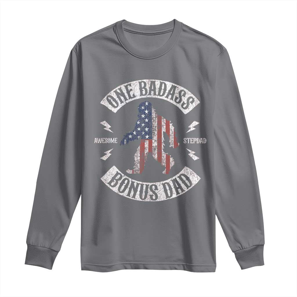 One Badass Bonus Dad Long Sleeve Shirt Vintage Bigfoot Stepdad Birthday Step Dad US Flag TS10 Charcoal Print Your Wear