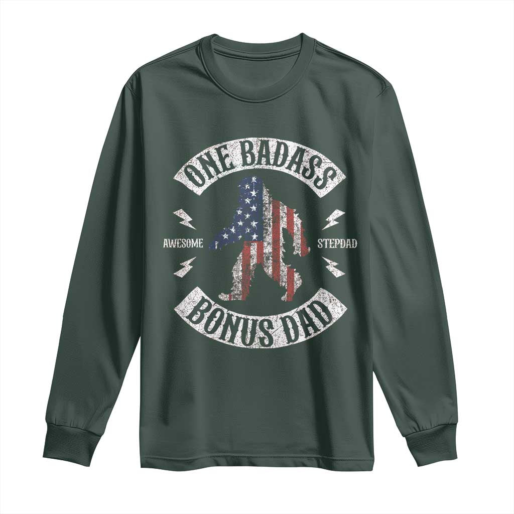 One Badass Bonus Dad Long Sleeve Shirt Vintage Bigfoot Stepdad Birthday Step Dad US Flag TS10 Dark Forest Green Print Your Wear