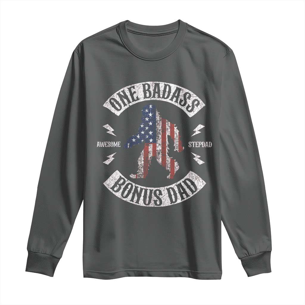 One Badass Bonus Dad Long Sleeve Shirt Vintage Bigfoot Stepdad Birthday Step Dad US Flag TS10 Dark Heather Print Your Wear