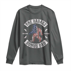 One Badass Bonus Dad Long Sleeve Shirt Vintage Bigfoot Stepdad Birthday Step Dad US Flag TS10 Dark Heather Print Your Wear