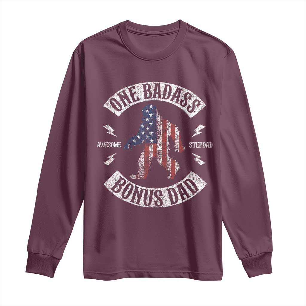 One Badass Bonus Dad Long Sleeve Shirt Vintage Bigfoot Stepdad Birthday Step Dad US Flag TS10 Maroon Print Your Wear