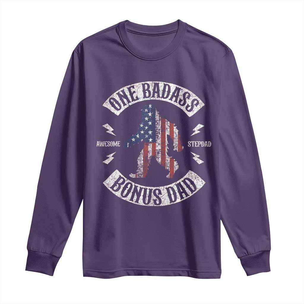 One Badass Bonus Dad Long Sleeve Shirt Vintage Bigfoot Stepdad Birthday Step Dad US Flag TS10 Purple Print Your Wear