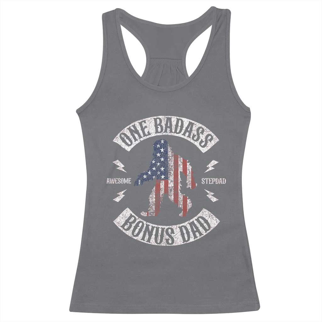 One Badass Bonus Dad Racerback Tank Top Vintage Bigfoot Stepdad Birthday Step Dad US Flag TS10 Charcoal Print Your Wear