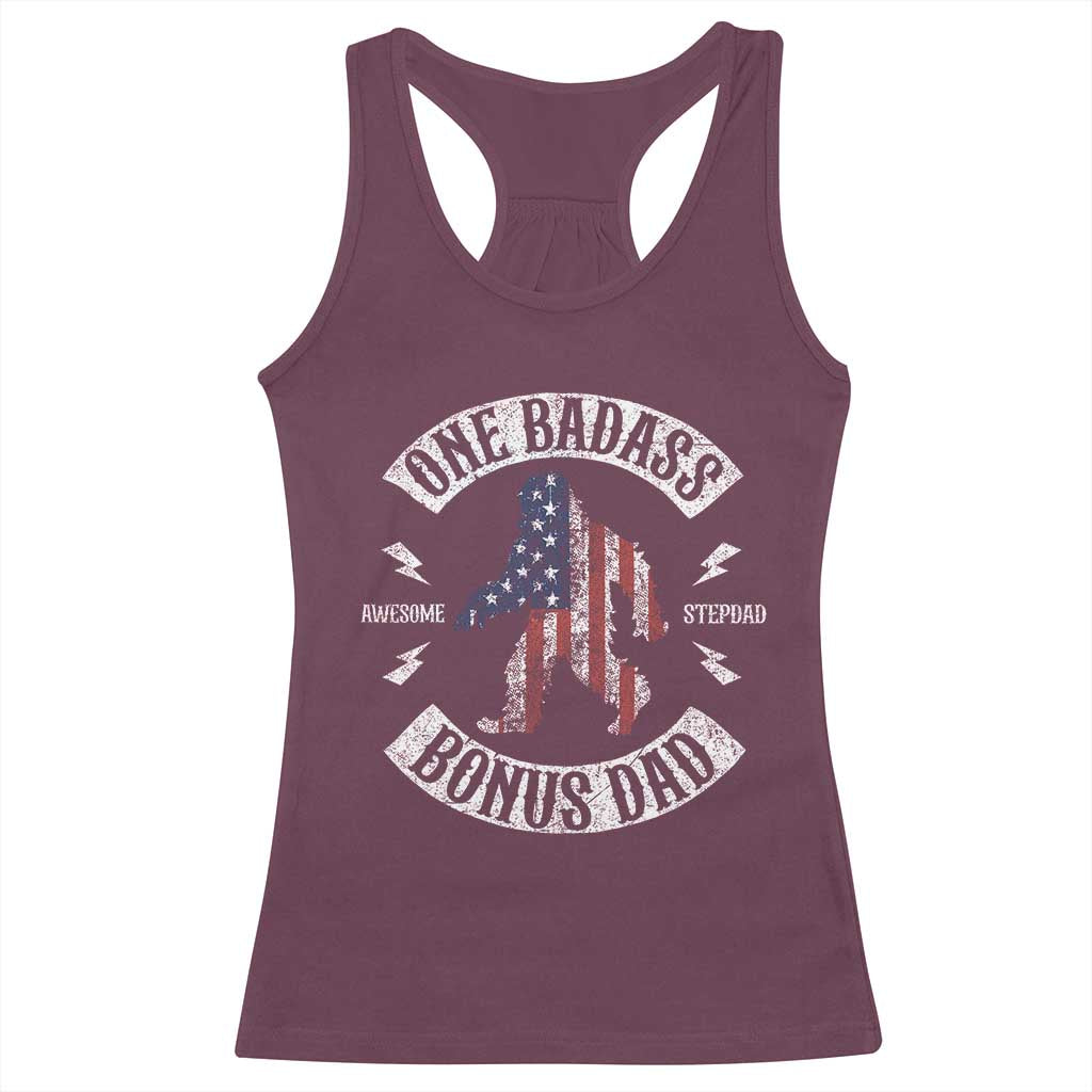 One Badass Bonus Dad Racerback Tank Top Vintage Bigfoot Stepdad Birthday Step Dad US Flag TS10 Maroon Print Your Wear