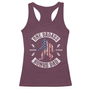 One Badass Bonus Dad Racerback Tank Top Vintage Bigfoot Stepdad Birthday Step Dad US Flag TS10 Maroon Print Your Wear