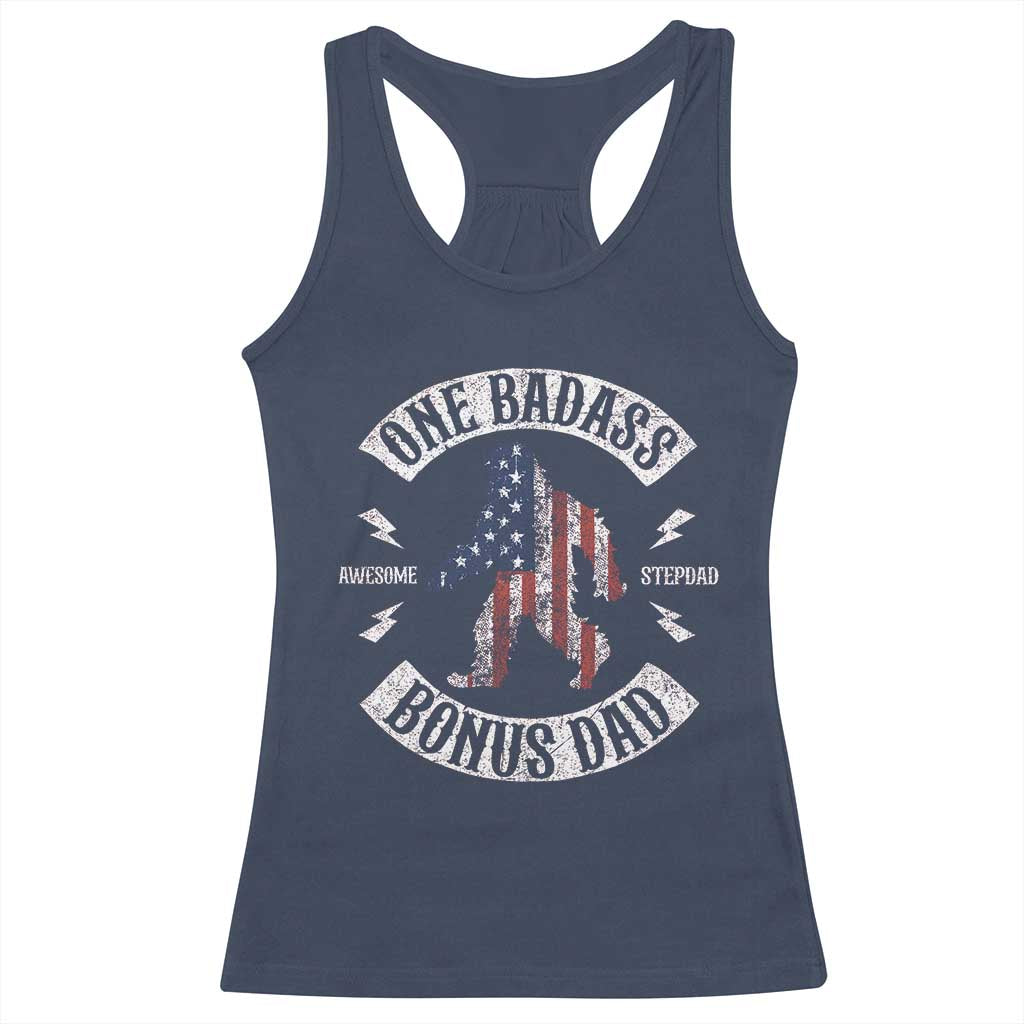 One Badass Bonus Dad Racerback Tank Top Vintage Bigfoot Stepdad Birthday Step Dad US Flag TS10 Navy Print Your Wear