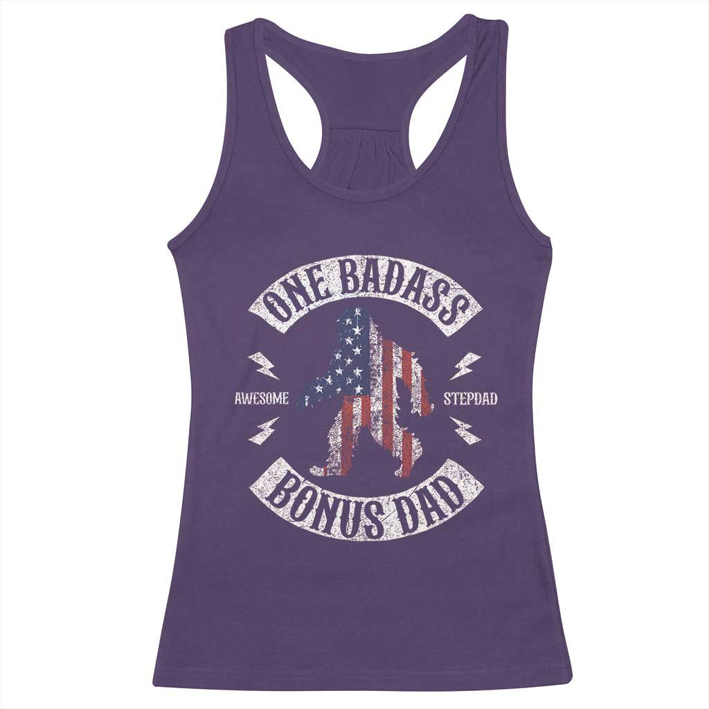 One Badass Bonus Dad Racerback Tank Top Vintage Bigfoot Stepdad Birthday Step Dad US Flag TS10 Purple Print Your Wear
