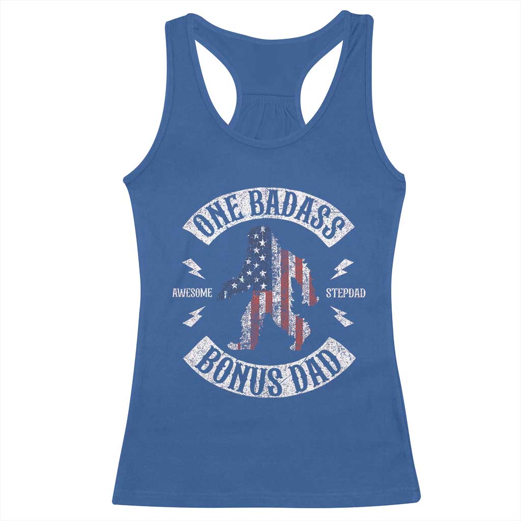 One Badass Bonus Dad Racerback Tank Top Vintage Bigfoot Stepdad Birthday Step Dad US Flag TS10 Royal Blue Print Your Wear