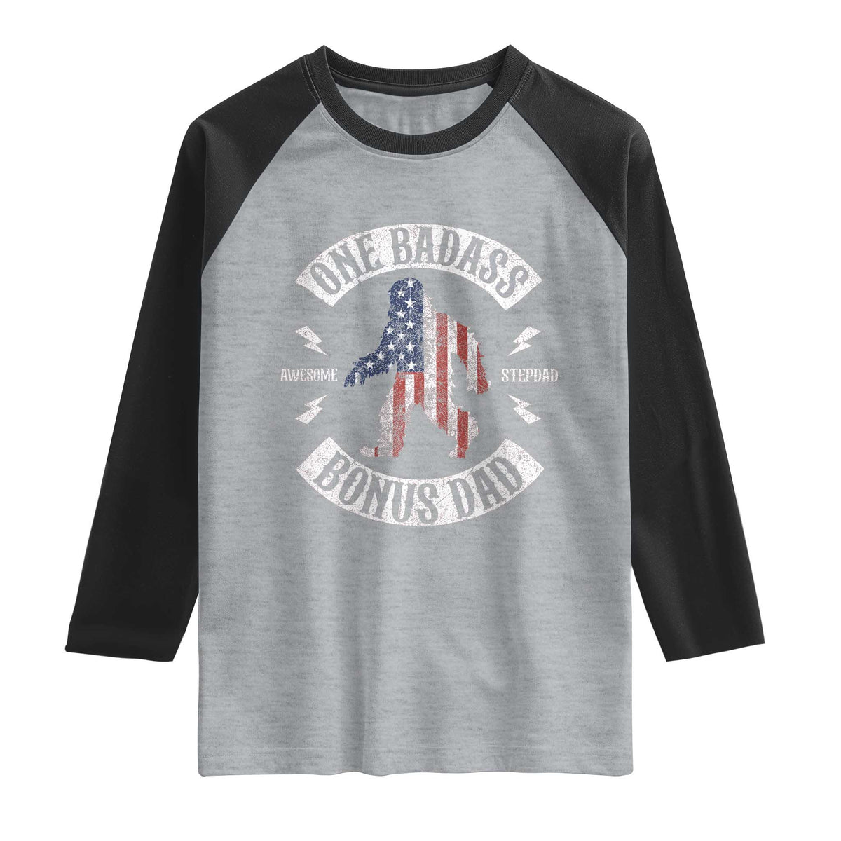 One Badass Bonus Dad Raglan Shirt Vintage Bigfoot Stepdad Birthday Step Dad US Flag TS10 Heather Gray Black Print Your Wear