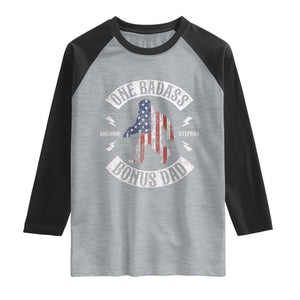 One Badass Bonus Dad Raglan Shirt Vintage Bigfoot Stepdad Birthday Step Dad US Flag TS10 Heather Gray Black Print Your Wear