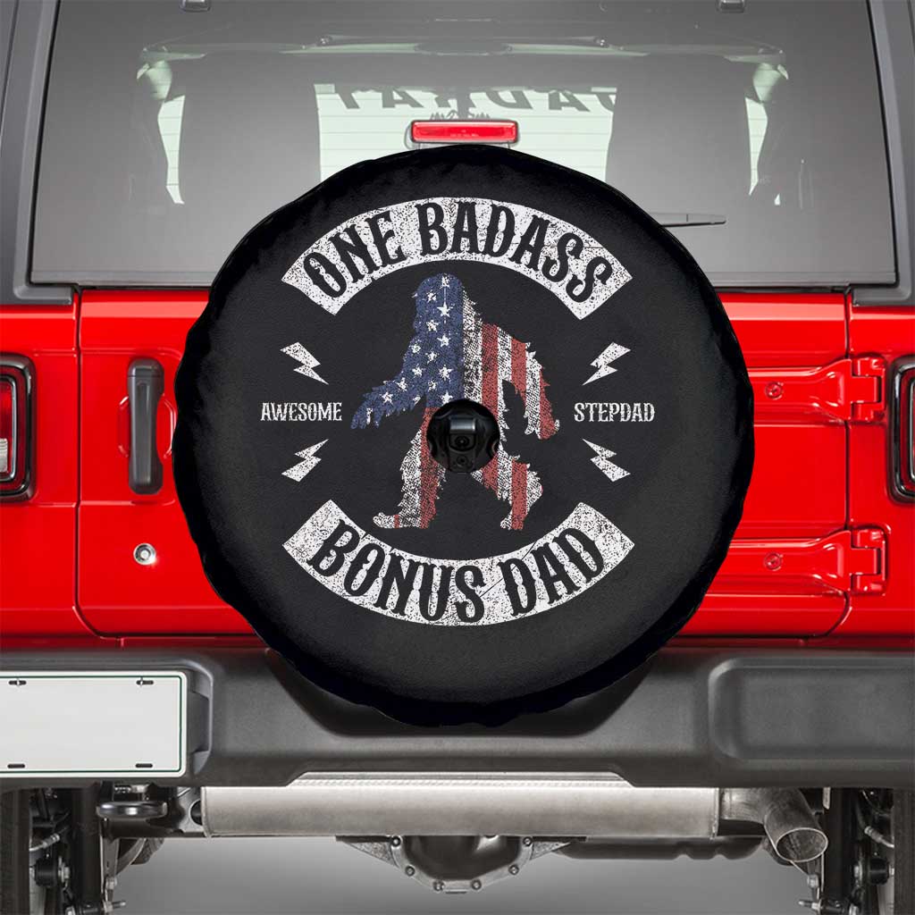 One Badass Bonus Dad Spare Tire Cover Vintage Bigfoot Stepdad Birthday Step Dad US Flag TS10 Black Print Your Wear
