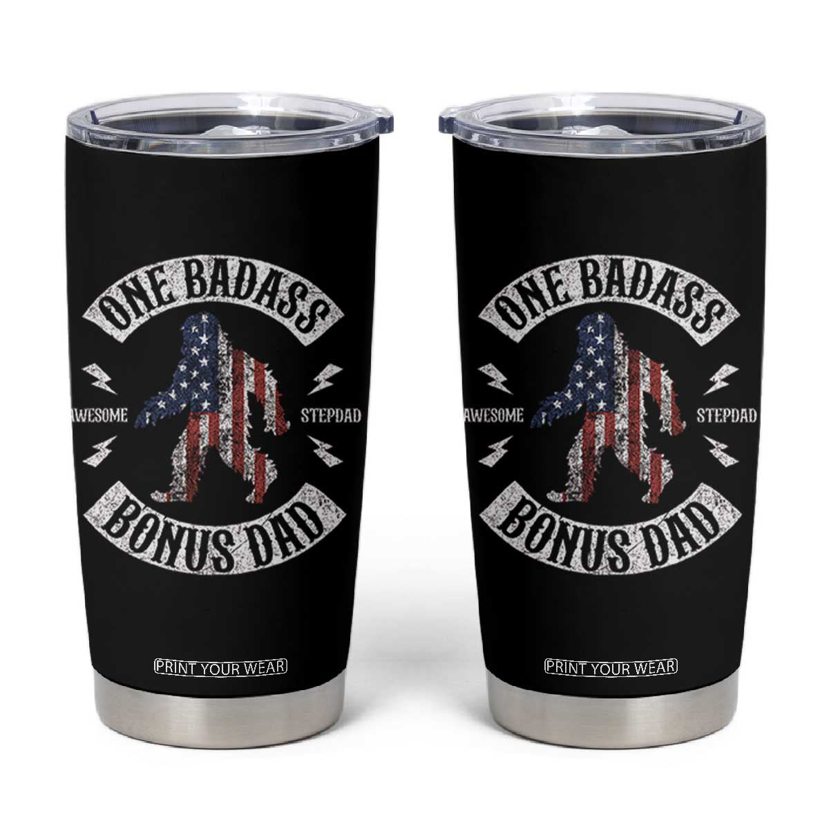 One Badass Bonus Dad Tumbler Cup Vintage Bigfoot Stepdad Birthday Step Dad US Flag TS10 Black Print Your Wear