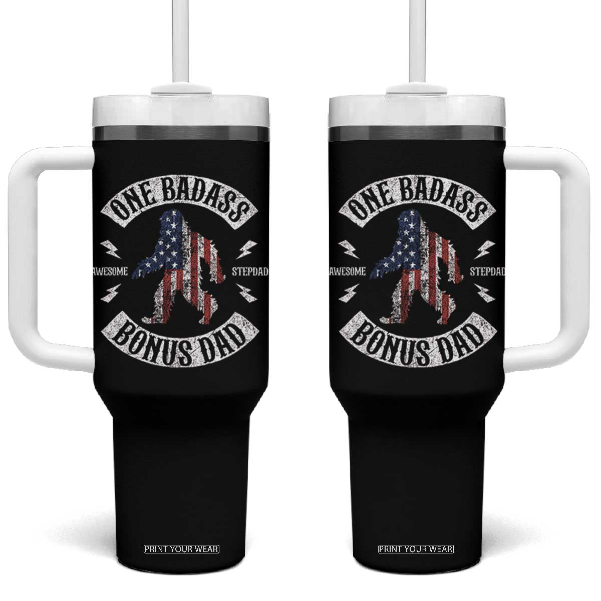 One Badass Bonus Dad Tumbler With Handle Vintage Bigfoot Stepdad Birthday Step Dad US Flag TS10 One Size: 40 oz Black Print Your Wear