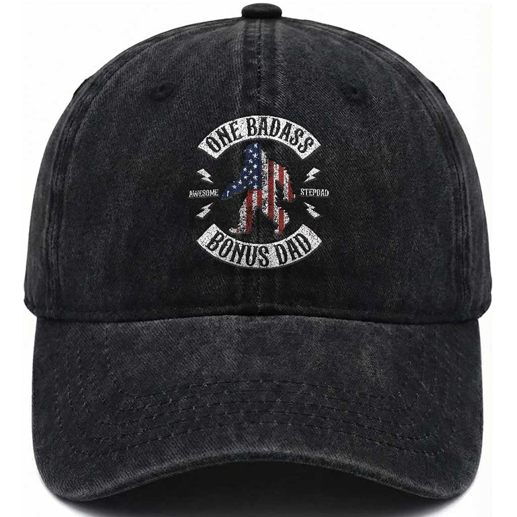 One Badass Bonus Dad Washed Cotton Baseball Cap Vintage Bigfoot Stepdad Birthday Step Dad US Flag TS10 Print Your Wear