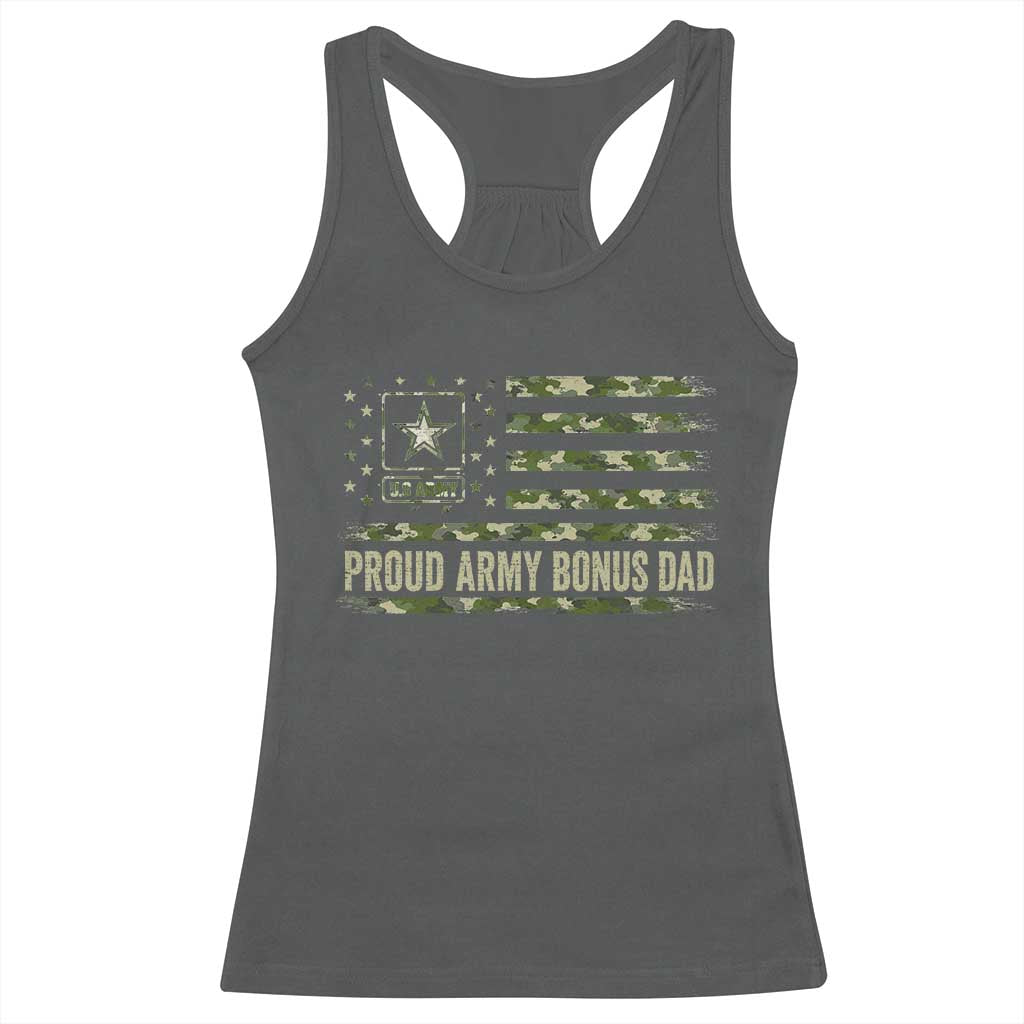 Proud Army Bonus Dad Racerback Tank Top Vintage Stepdad Birthday Step Dad Camo US Flag TS10 Dark Heather Print Your Wear