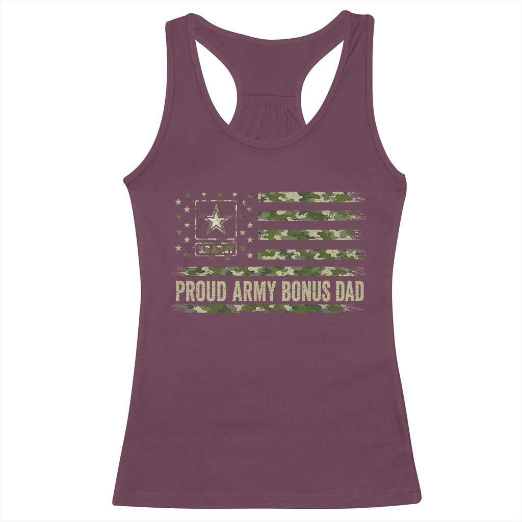 Proud Army Bonus Dad Racerback Tank Top Vintage Stepdad Birthday Step Dad Camo US Flag TS10 Maroon Print Your Wear